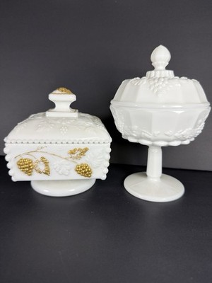 2 Vtg Westmoreland Grapevine Beaded Wedding Boxes. Round/Sqaure With Lids