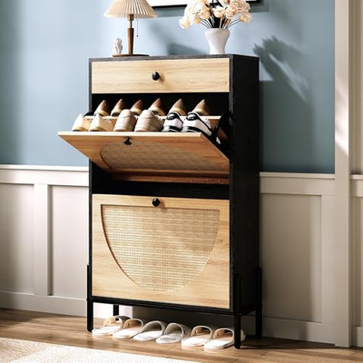 ZeHuoGe Rattan Shoe Cabinet With Flip Drawers, Narrow Hidden