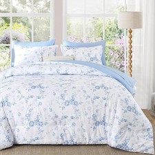 Floral Queen Comforter Set 7 Pieces Bed in a Bag, Blue Rose Romantic Flower Bed