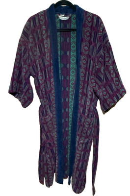Steeple Chase Robe Terry Aztec Mens OS Blue Purple Plush Loungewear Vtg 80s