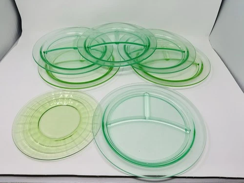 (6) VTG Green Uranium Depression Glass Divided Dinner Plates + (1) Salad Plate