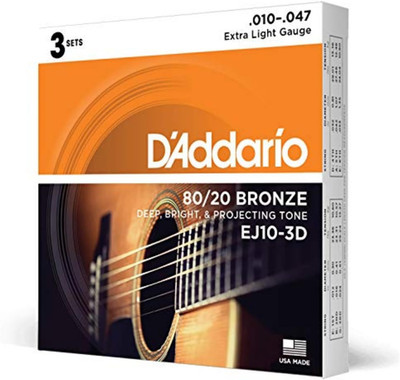 Acoustic Guitar Strings, 80/20 Bronze, EJ10-3D, Extra Light Gauge 10-47, 6-Strin