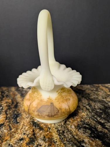 Fenton Hand Painted Ruffled Basket Satin Yellow Custard Log Cabin Signed Uranium