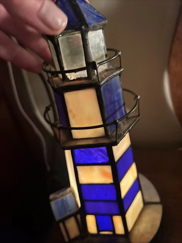 Stained Glass Lighthouse Lamp Cobalt Blue & White Tiffany-Style 9.5" X 5" - Image 3 of 4