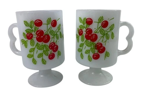 Vintage MCM Milk Glass Pedestal Mugs With Cherry Design Set Of 2