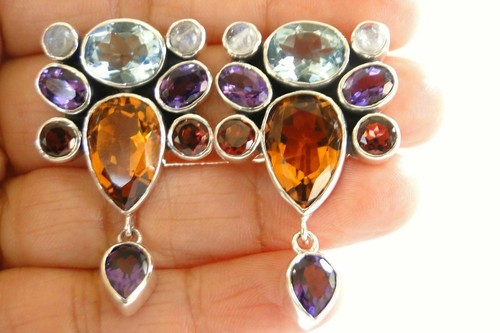 Citrine Moonstone Garnet Amethyst Topaz 925 Sterling Silver Dangle Drop Earrings - Picture 2 of 4