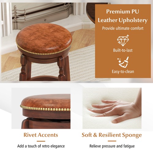 24" Swivel Bar Stool Set of 4 with Upholstered Seat & Rubber Wood Frame Round - Picture 5 of 7