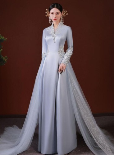 Luxury V Neck Long Sleeve Embroidery Sequins Tulle Long Train Gown Evening Dress - Picture 3 of 12