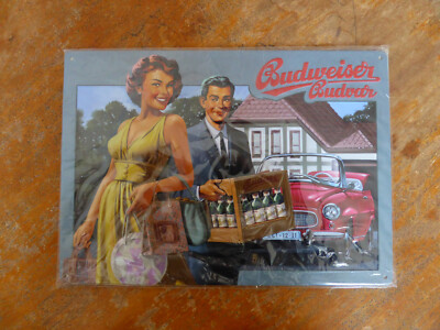 Budweiser Bier Blechschild - Pärchen mit Bierkiste und Oldtimer