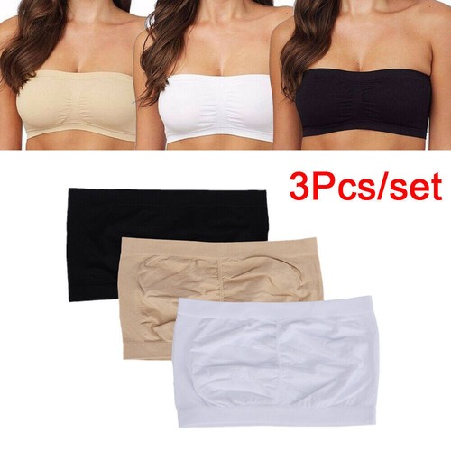 3 Pack Women Ladies Tops Strapless Seamless Bandeau Bra Boob Tube Strapless UK - Picture 2 of 12