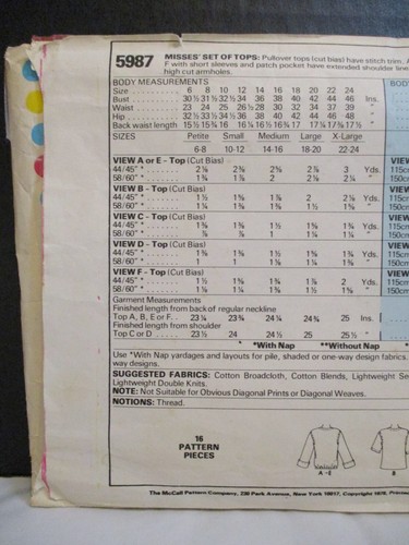 Juego de torsos McCall's Pattern 5987 Misses talla mediana (14-16) corte completo 1978 - Imagen 11 de 16