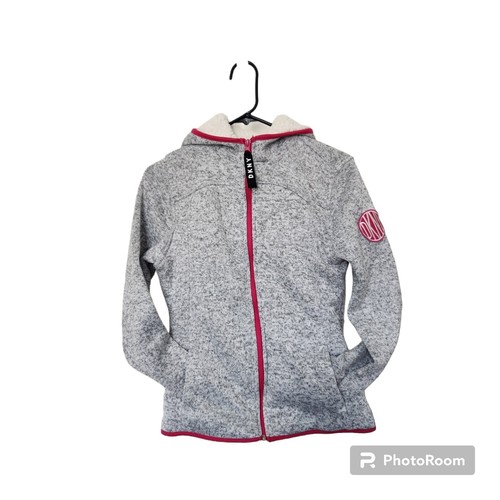 DKNY Girls Sherpa Lined Heather Gray Knit with Pink Piping Warm Hoodie L (14/16) - Picture 2 of 15