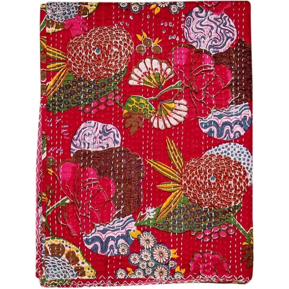 Indian Cotton Handmade Floral Kantha Bedspread Handmade Quilt Queen Size Blanket - Image 2 of 4
