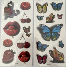 19 Butterflies-Lips-Fruit Tattoo Stickers Body Art Temporary Waterproof 2 pgs 