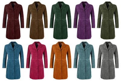 Damen Eleganter Trenchcoat Klassisch Echt Wildleder Leder Knielang Slim Fit Mantel
