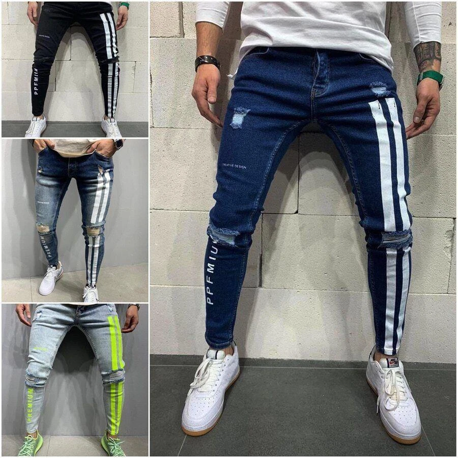 Pantalones Vaqueros Rasgados Para Hombre Jeans De Moda Hip Hop A Rayas Deportivo