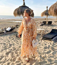 H&M Orange Balloon Sleeve Midi Maxi Kaftan Dress size M 12 14 16 Summer Beach