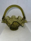 Vintage Fenton Green Glass Hobnail Small Basket Ruffled Edge Applied Handle 6"