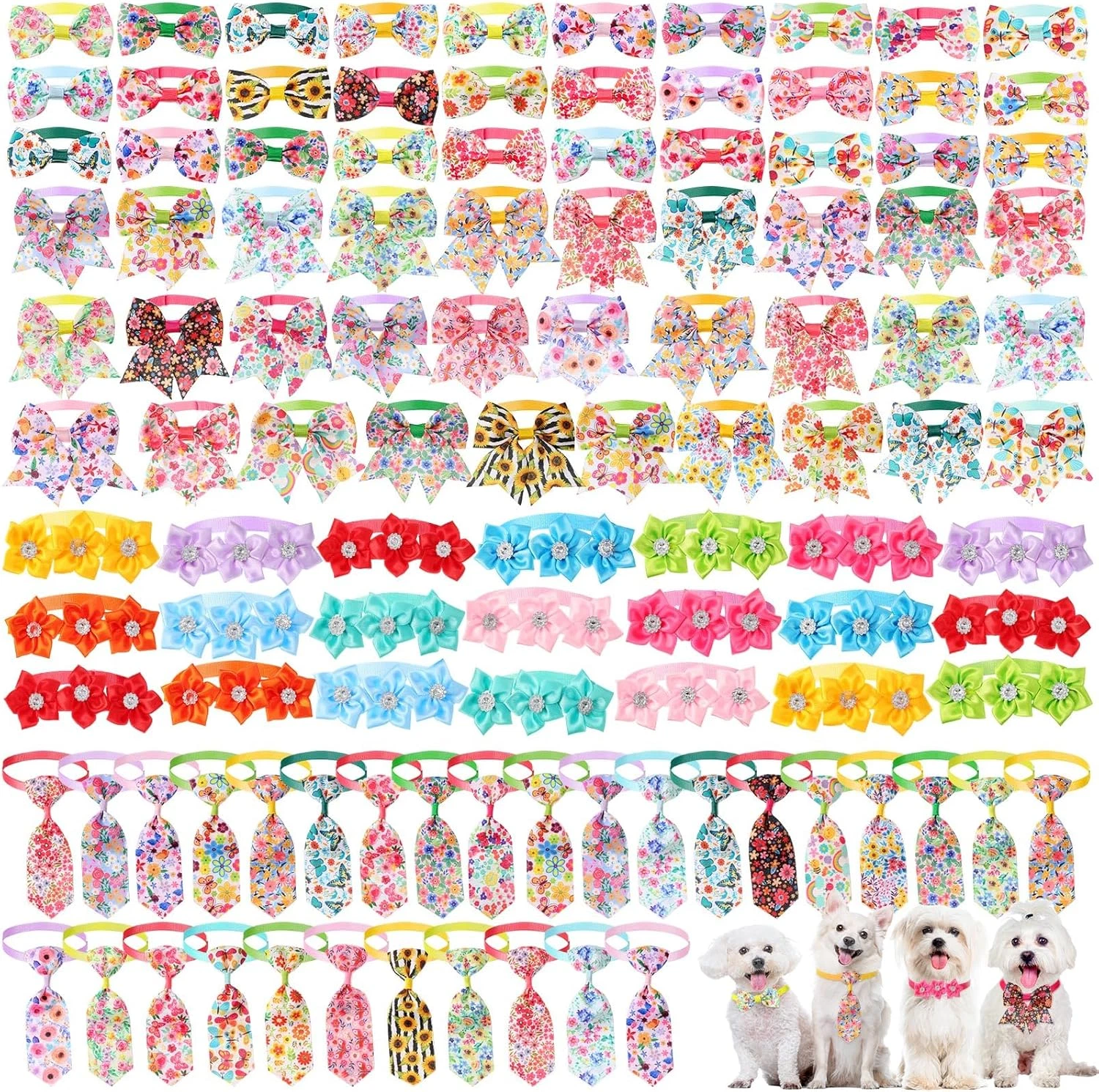 100 Pcs Dog Bow Ties Collars Bulk Pet Flower Collar Adjustable Dog Bowties Flora