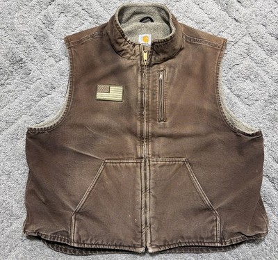 Carhartt Vest Mens M Brown V33-DKB Duck Canvas Sherpa-Lined Worn
