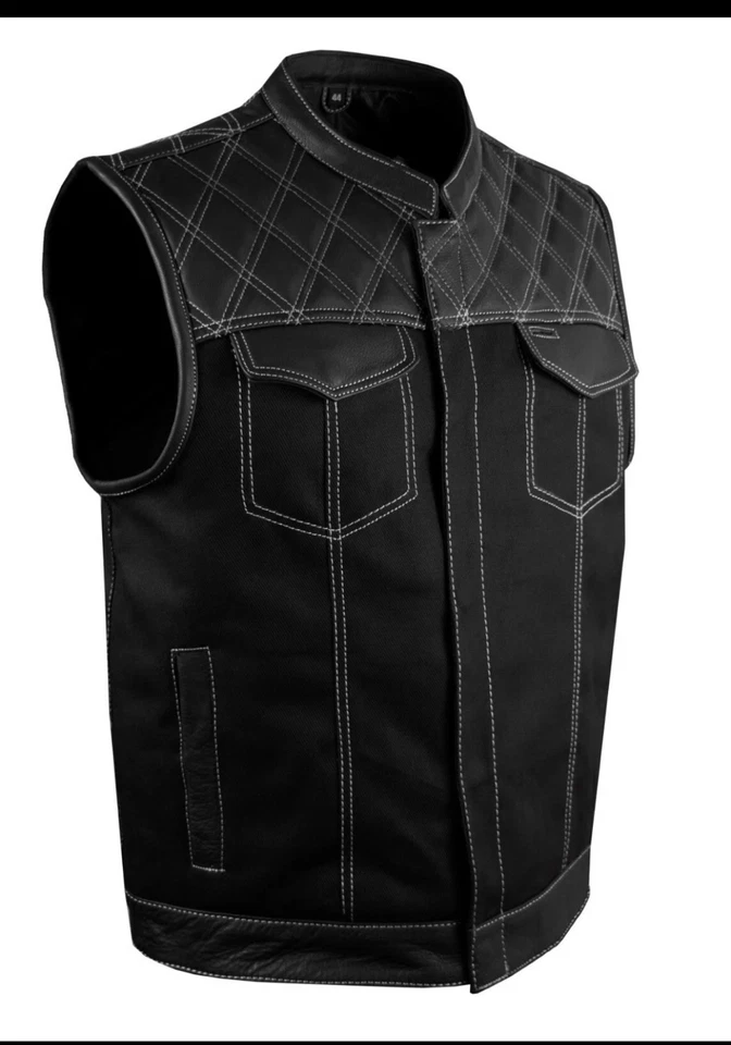 SOA Men's Motorcycle Club Denim & Leather Vest w/ 2 Concealed Carry Pocket - Image 1 of 4
