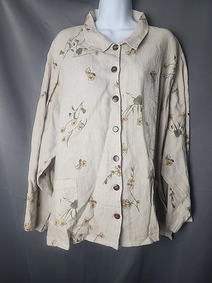 KIKO Woman Tan & Floral 100% Linen Blouse Size 3X Long Sleeve POCKETS Priority