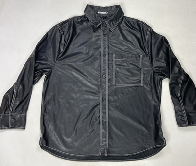 ZARA Faux Leather Overshirt Button Up Shirt Men XL Black Long