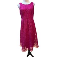 Nine West Lace Dress Womens 6 Pink Fuchsia Sleeveless Floral Midi Pleated A-Line