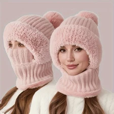 3 in 1 Women Beanie Cap Bobble Scarf Mask Set Knitted Winter Warm Snow Ski Cap