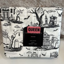 CYNTHIA ROWLEY Halloween Haunted Graveyard Toile Black White Queen Sheet Set 4PC