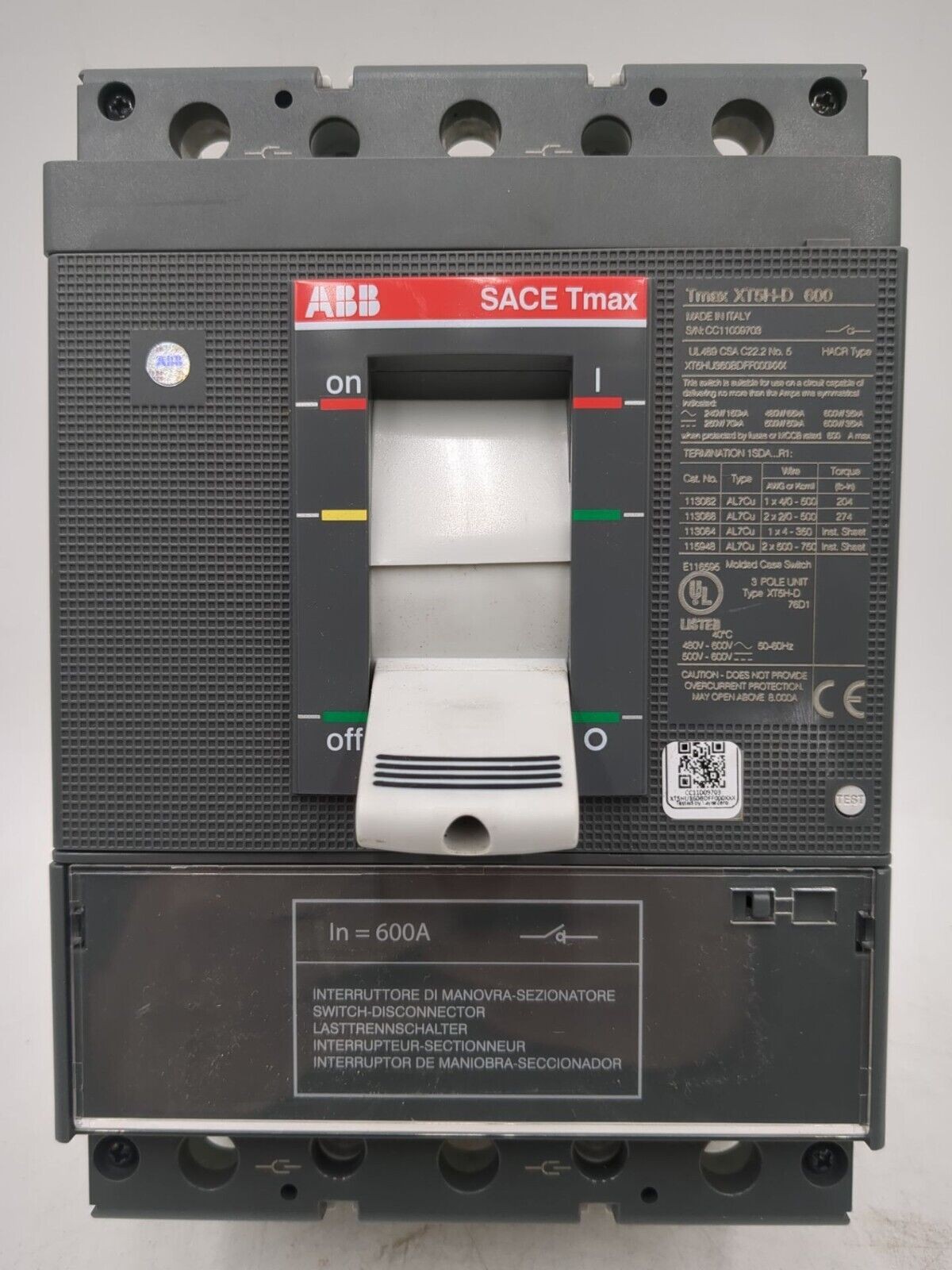 ABB SACE Tmax XT5H-D 600 Circuit Breaker 600A 3P 600V   600A 3 Pole XT5HD New