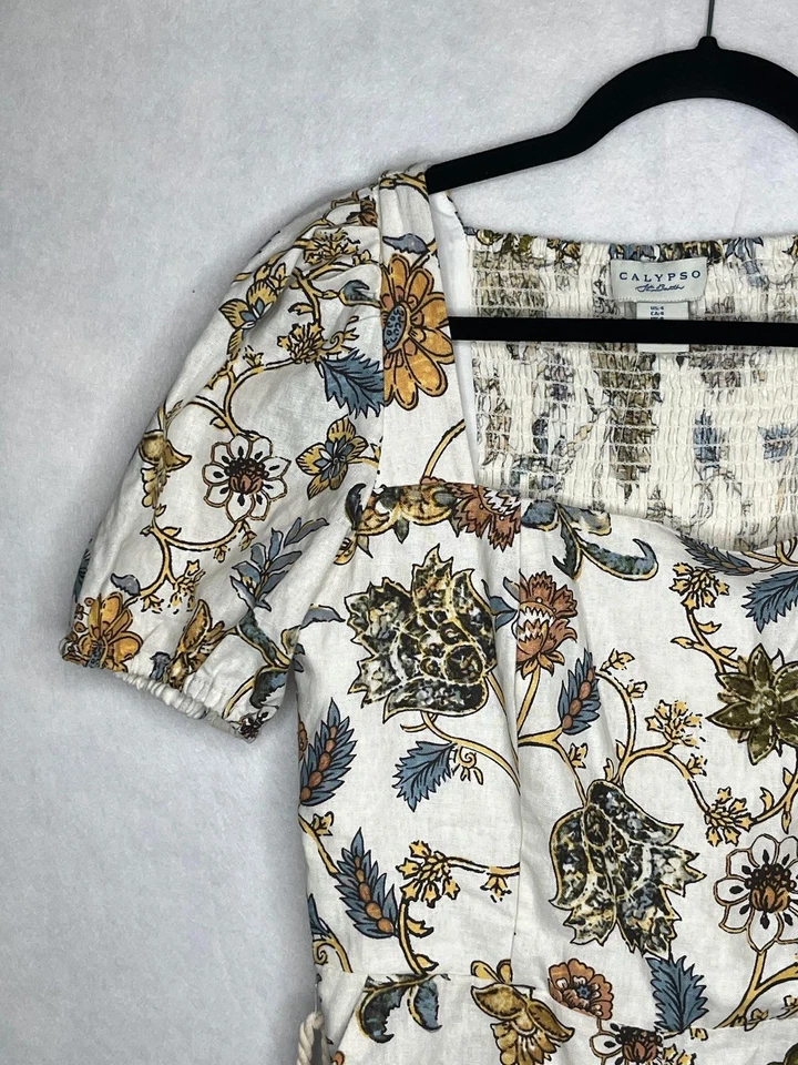 Vestido Calypso St. Barth Mujer 4 Blanco Floral Lino Cuello Cuadrado Manga Abullonada Foto 3 de 4