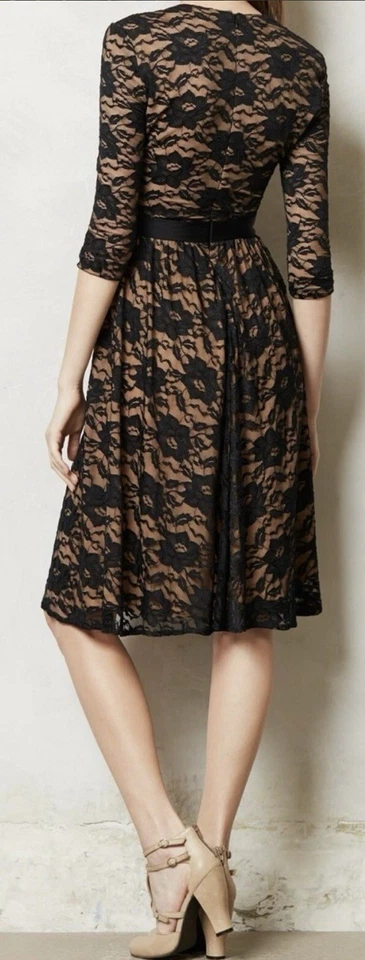 MARCBOUWER ANTHROPOLOGIE Lace Sava Dress Size 12 Midi Black Stretch Zipper Lined - Image 3 of 4