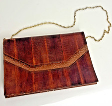 Vintage Snakeskin Fold Over Purse Brown Shoulder Bag Gold Chain Strap