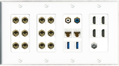 6.2 Home Theater Port Wall Plate 6 Speaker 4 HD 2 Cat6 2 USB White Banana AV