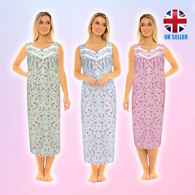 i-Smalls Damen Easy Fit Floral Nachthemd Super Weich 100% Baumwolle Ärmellos