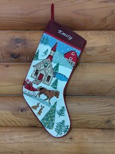 Lands End Christmas Stocking Needlepoint EMILY Church Horse Sleigh Barn Trees
