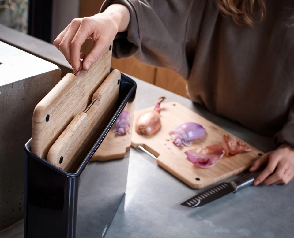 Conjunto de tábua de corte de bambu 3 peças aço folio com caixa de aço (preto) - Imagem 3 de 4