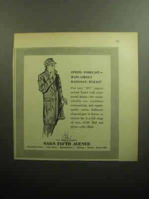 1958 Saks Fifth Avenue IFI Coat Ad - Spring forecast - rain: likely