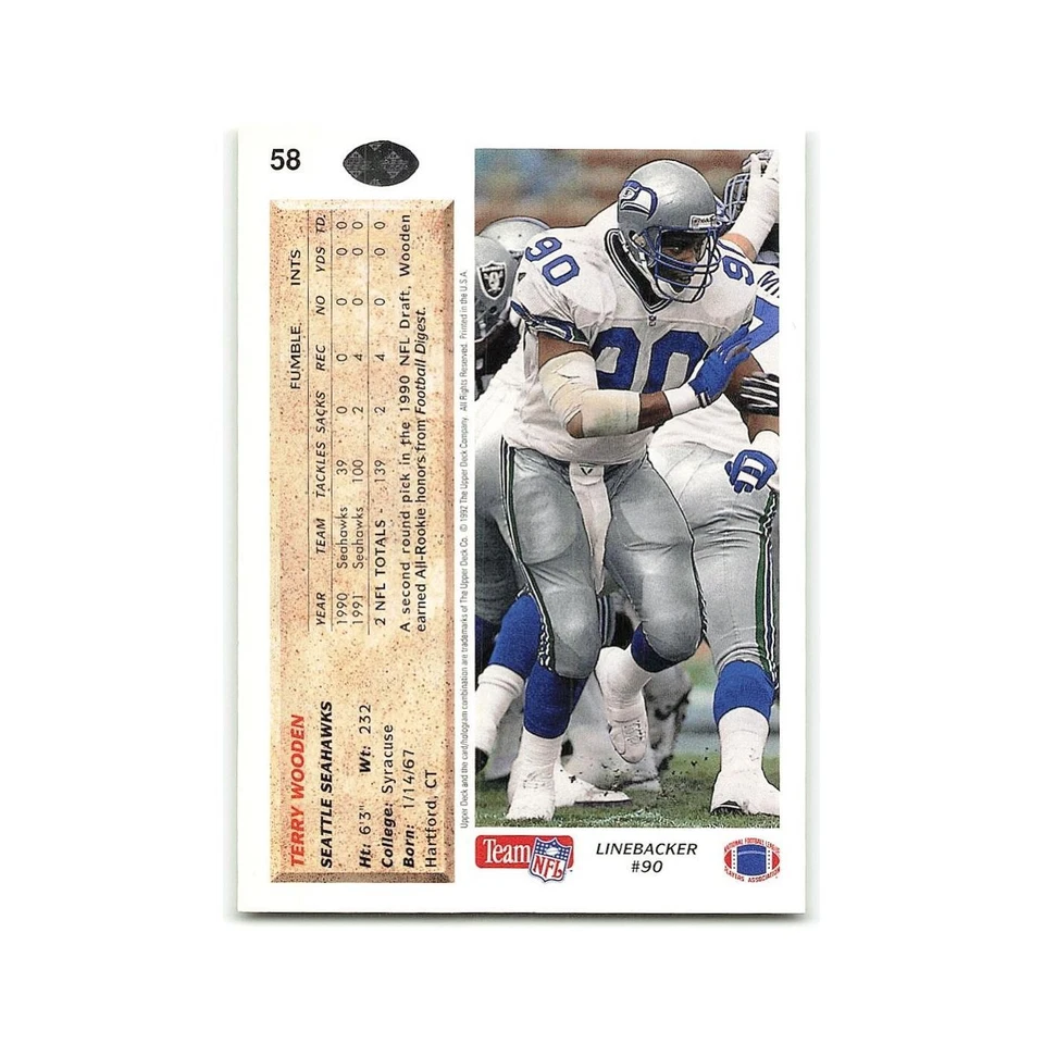 Terry Wooden 1992 Upper Deck #58 Seattle Seahawks Football Card NM - Image 2 of 3