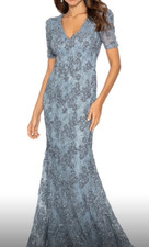 XSCAPE Evening regal gown Size 8 Blue Floral soutache sequin lace, puff sleeve
