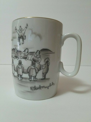 Robert Mayokok Inuit Eskimo Artist SIGNED Porcelain Mug Cup ~Blanket Toss~ 1950s - Picture 5 of 7