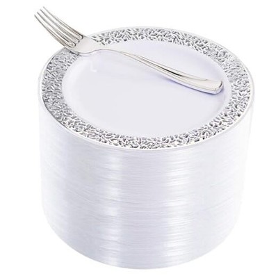  100pcs Plastic Dessert Plates 7.5'' with 100 Pieces Disposable Forks Silver