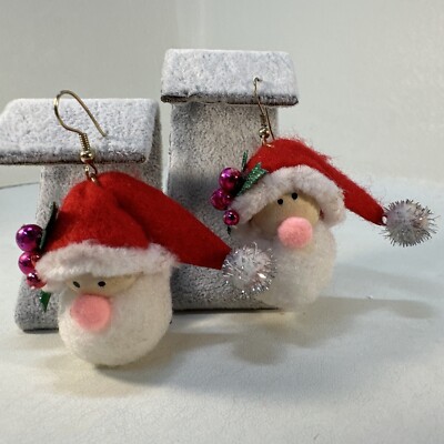 Merry Christmas Santa Claus Wood Faced Pom Pom Earrings Gold