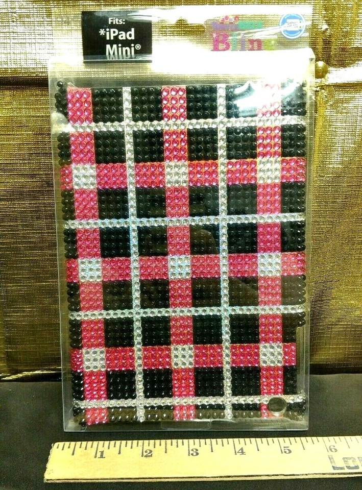 iPad Mini Rhinestone Case Hard Shell GEN 1 / 2 / 3 Tablet Bling Pink Black Plaid - Image 2 of 3
