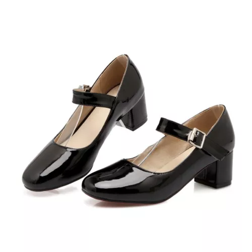 Women's Mary Jane Shoes Fashion Chunky Mid Heel Pumps Patent Leather Shoes Size - Picture 7 of 29