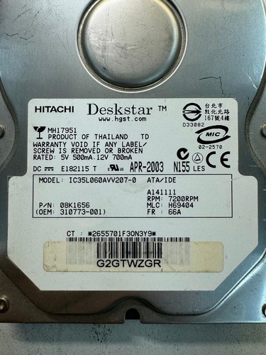 HITACHI 08K1656 IC35L060AVV207-0 60GB 7.2K RPM Cache 2MB ATA-100 3.5" HDD - Picture 2 of 6