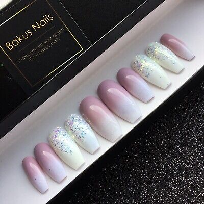 Hand Painted False Nails Pink Baby Boomer Ombre Glitter Coffin Press On Nails Ebay