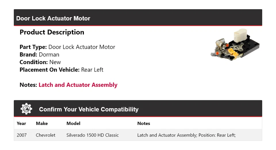 Motor actuador de bloqueo de puerta Dorman clásico HD para Chevrolet Silverado 1500 HD 2007 Foto 2 de 4