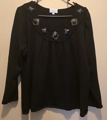 Joseph A. Woman's Black Long Sleeve Shirt; Faux Stones at Neckline; Size 1X